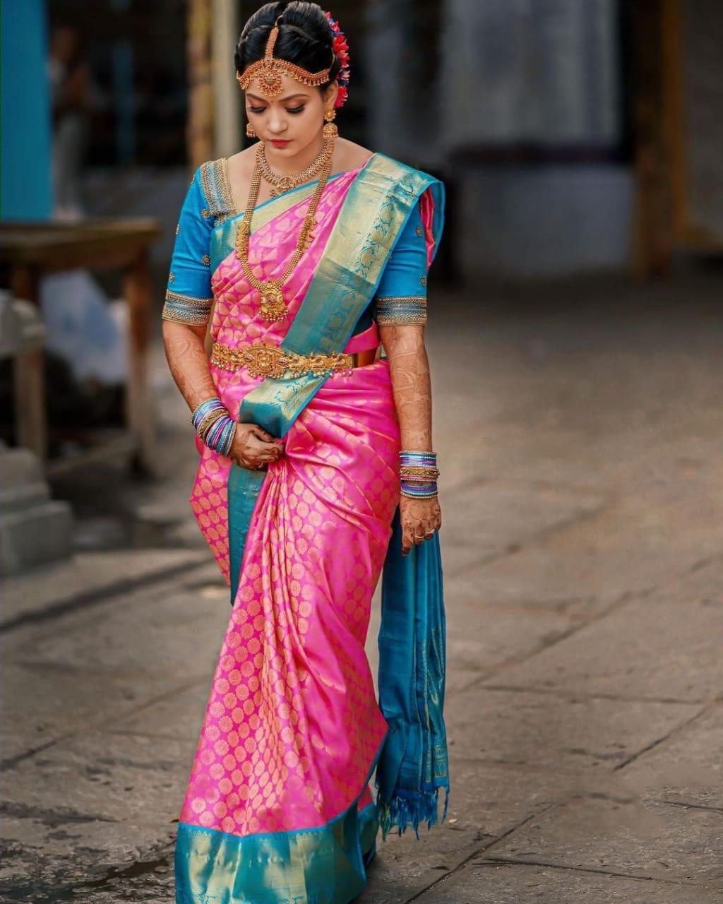 Enigmatic Dark Pink Color Banarasi Soft Silk Saree With Blouse Piece