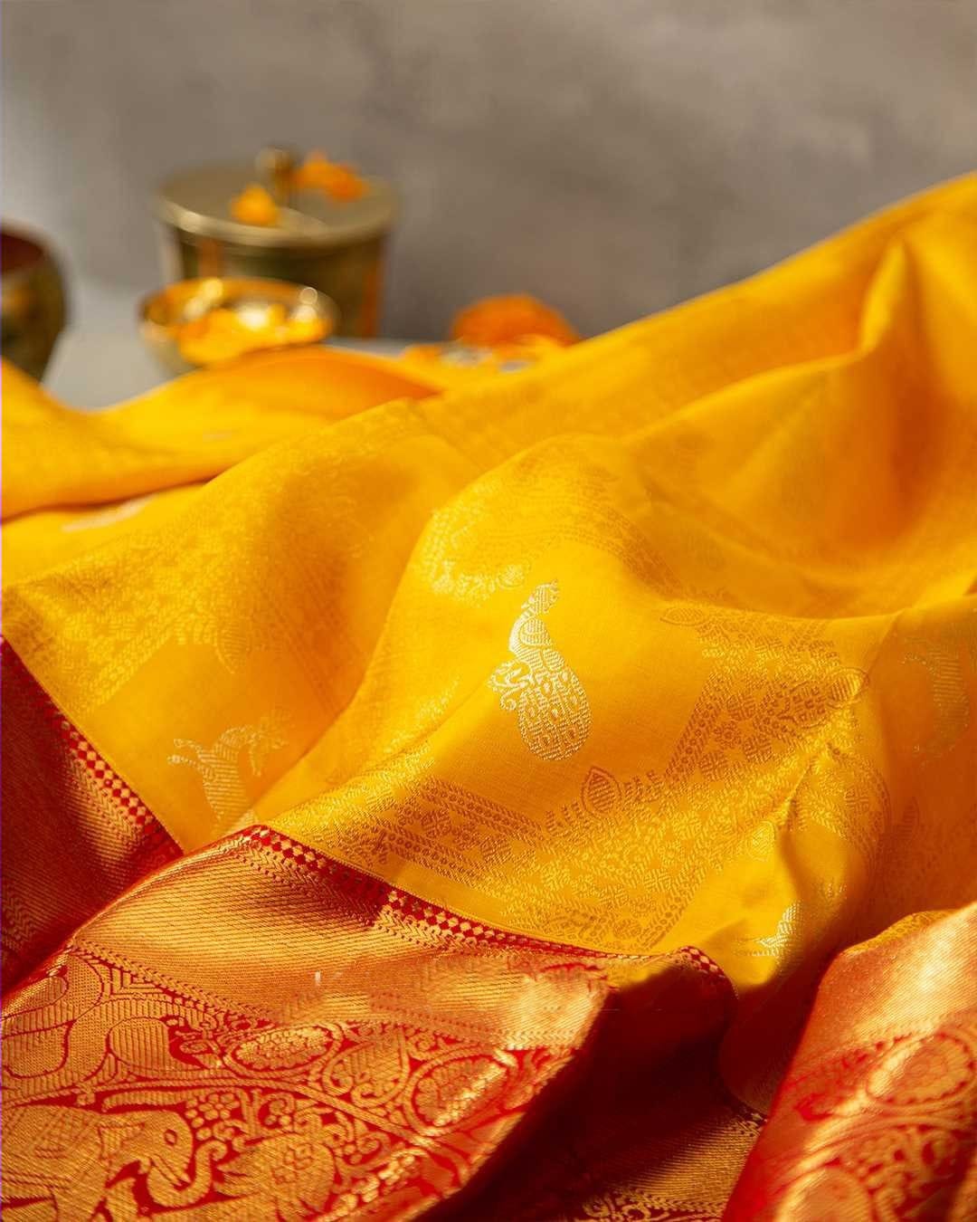 Luminous Yellow Color Banarasi Soft Silk Saree With Blouse Piece