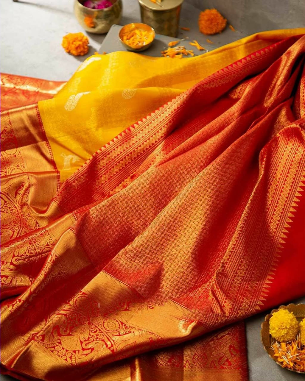 Luminous Yellow Color Banarasi Soft Silk Saree With Blouse Piece