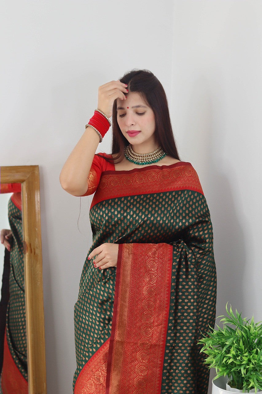 Captivating Dark Green Color Soft Lichi Silk Saree With Blouse Piece