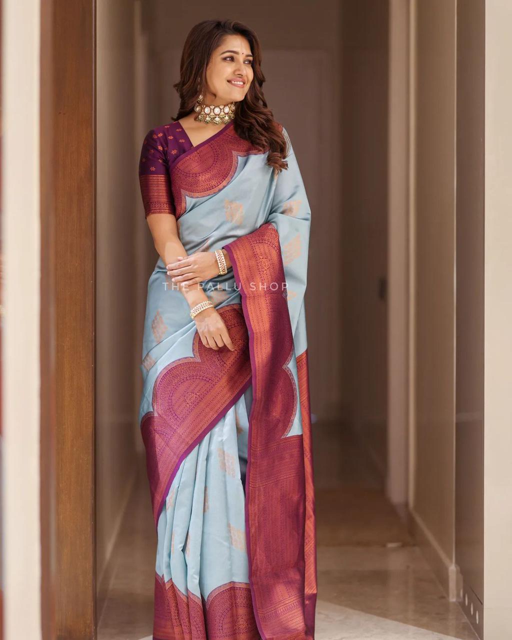 Slick Sky Blue Color Soft Lichi Silk Saree With Blouse Piece