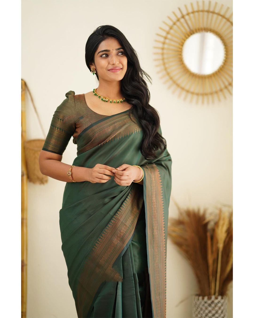 Twinkly Green Color Soft Lichi Silk Saree With Blouse Piece