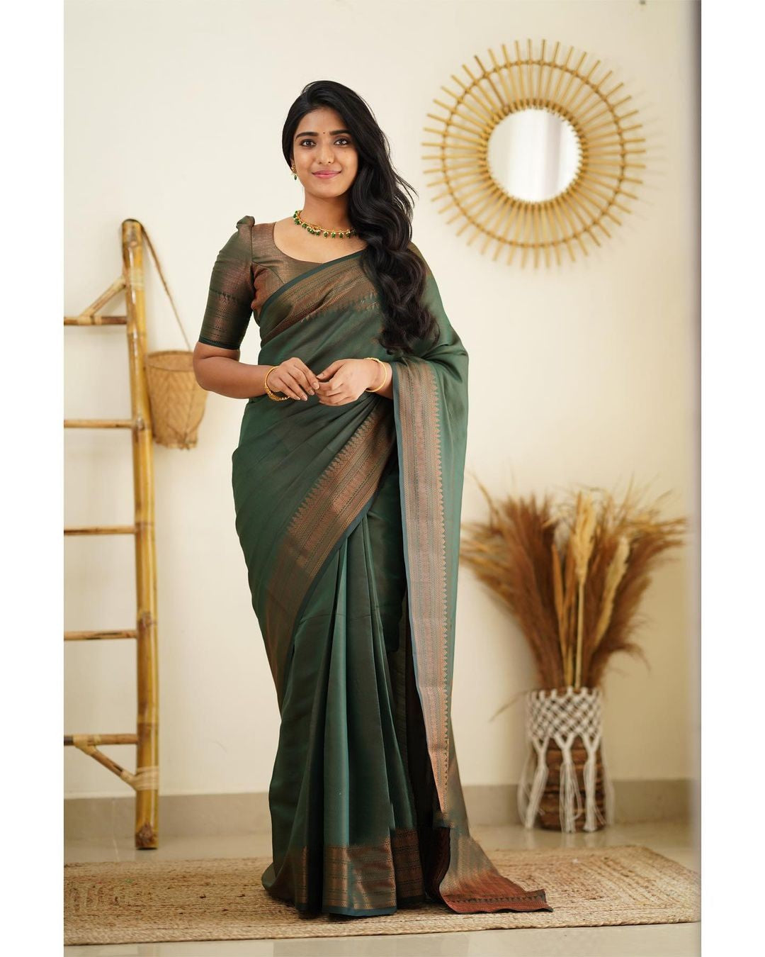 Twinkly Green Color Soft Lichi Silk Saree With Blouse Piece