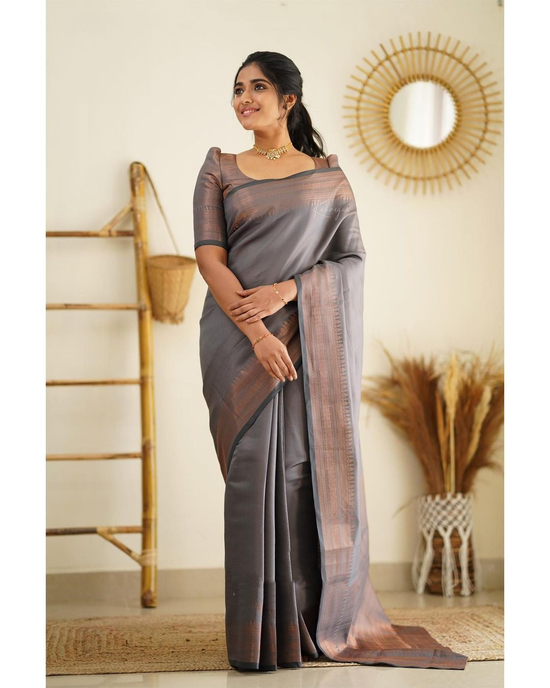 Inviting Grey Color Soft Lichi Silk Saree With Blouse Piece