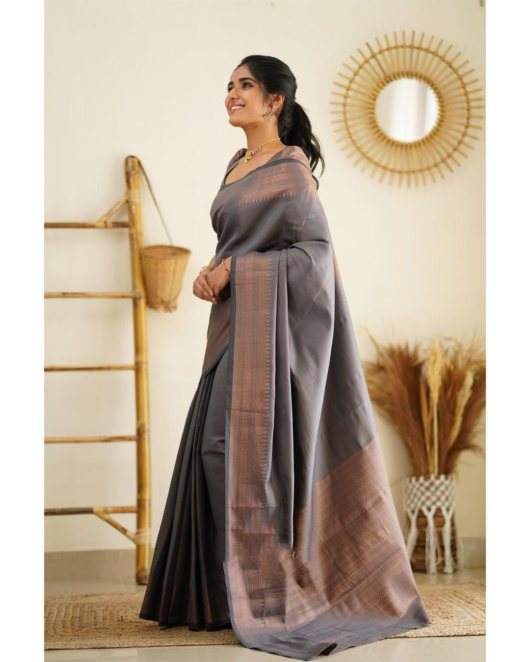 Inviting Grey Color Soft Lichi Silk Saree With Blouse Piece