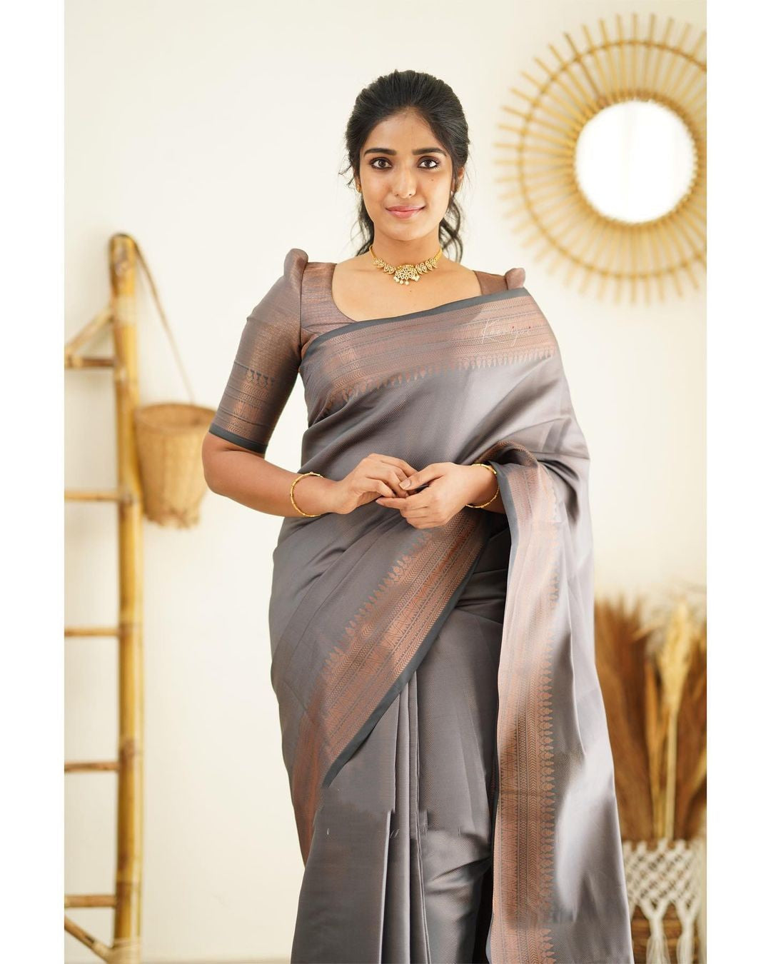 Inviting Grey Color Soft Lichi Silk Saree With Blouse Piece