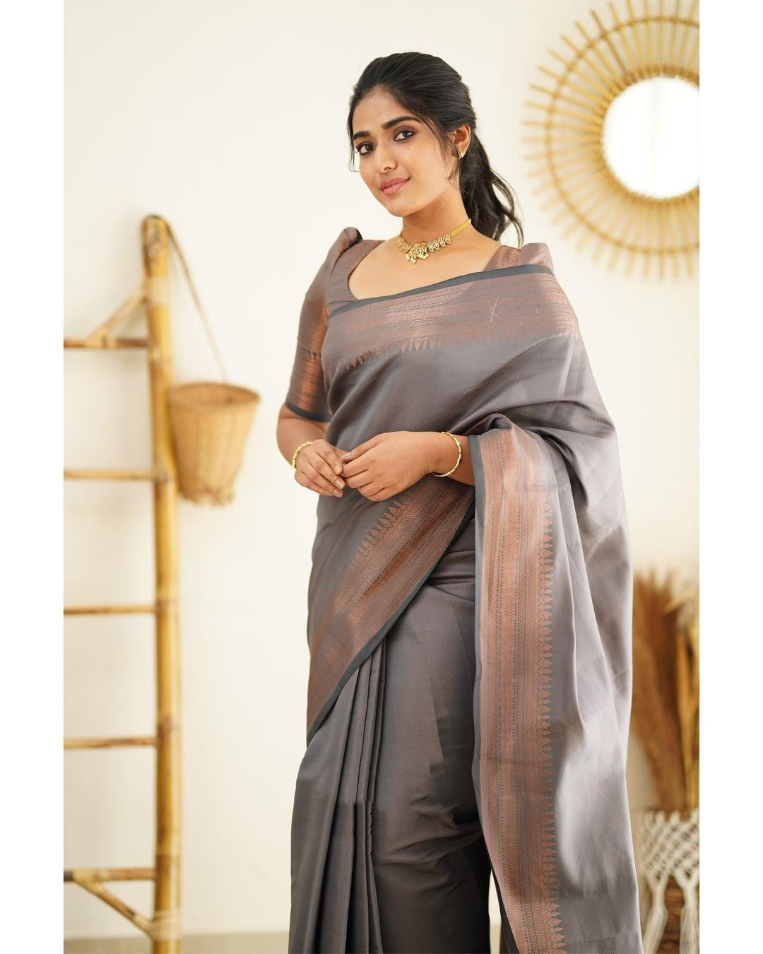 Inviting Grey Color Soft Lichi Silk Saree With Blouse Piece