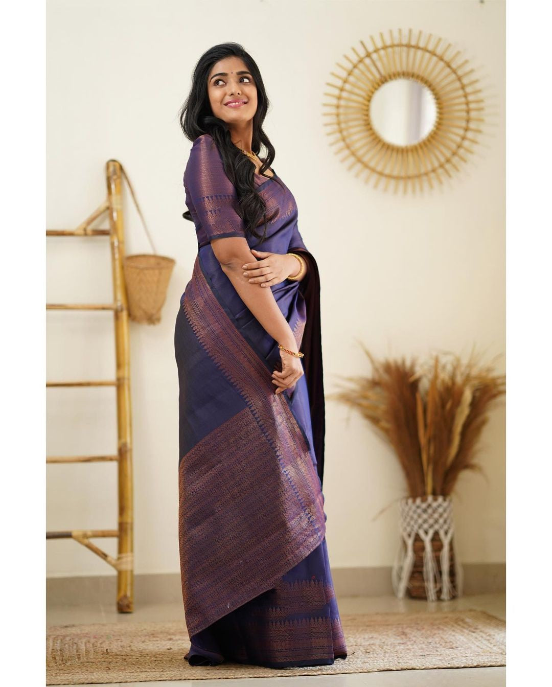 Charming Navy Blue Color Soft Lichi Silk Saree With Blouse Piece