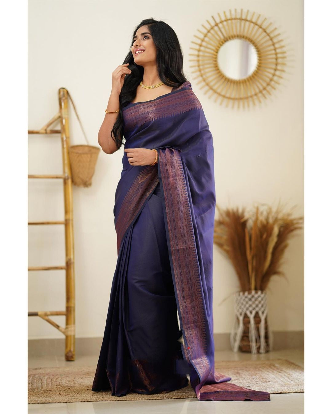 Charming Navy Blue Color Soft Lichi Silk Saree With Blouse Piece