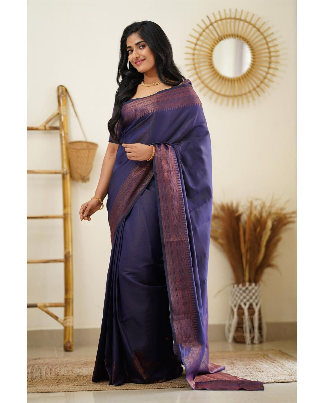 Charming Navy Blue Color Soft Lichi Silk Saree With Blouse Piece