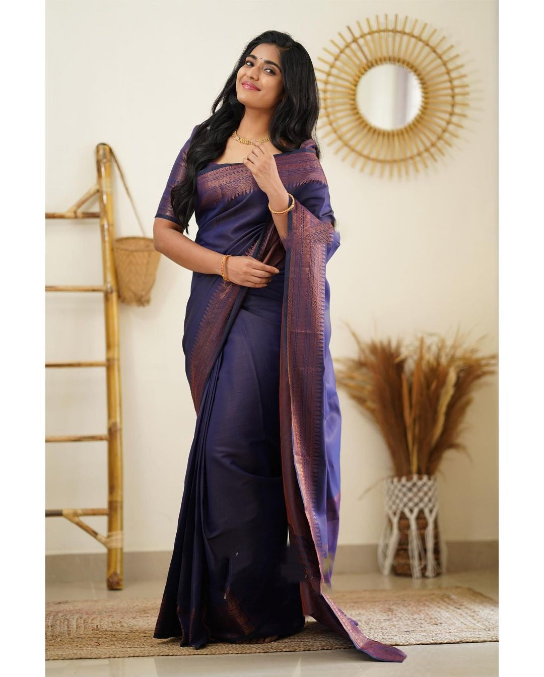 Charming Navy Blue Color Soft Lichi Silk Saree With Blouse Piece