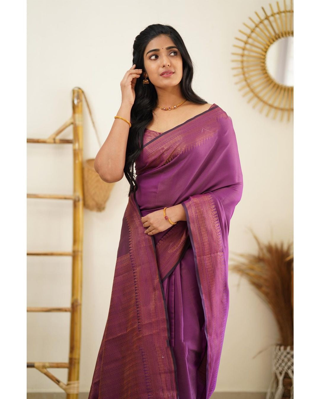 Exhilarating Purple Color Soft Lichi Silk Saree With Blouse Piece