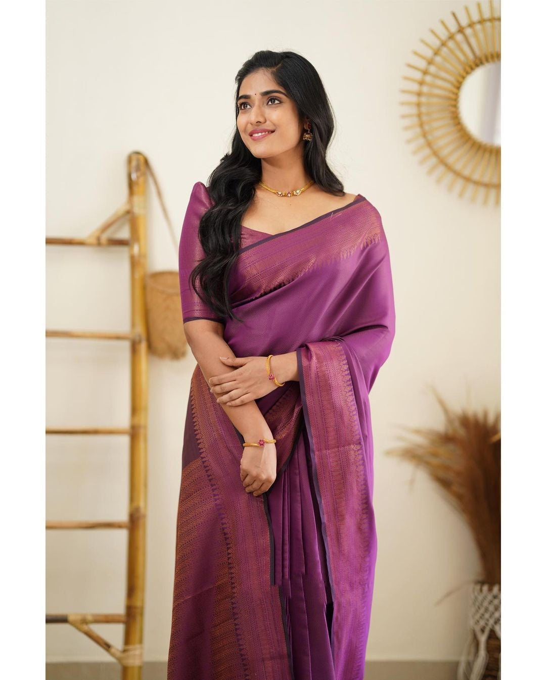 Exhilarating Purple Color Soft Lichi Silk Saree With Blouse Piece