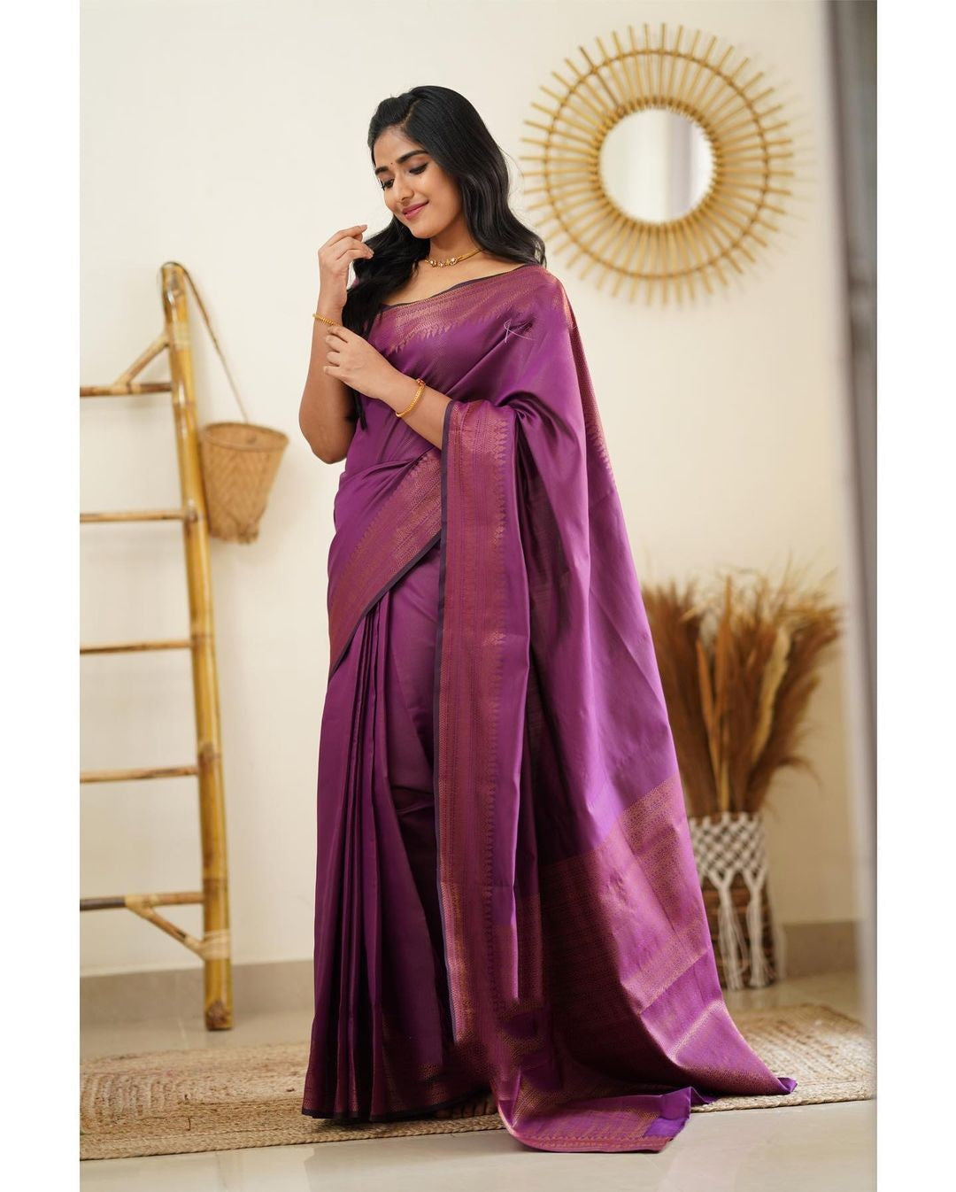 Exhilarating Purple Color Soft Lichi Silk Saree With Blouse Piece