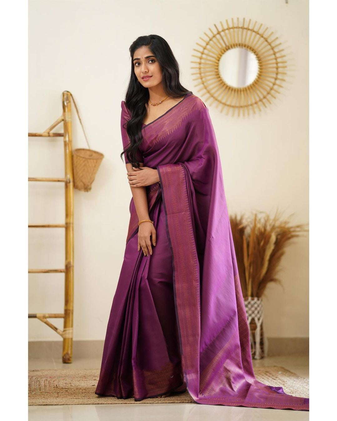 Exhilarating Purple Color Soft Lichi Silk Saree With Blouse Piece