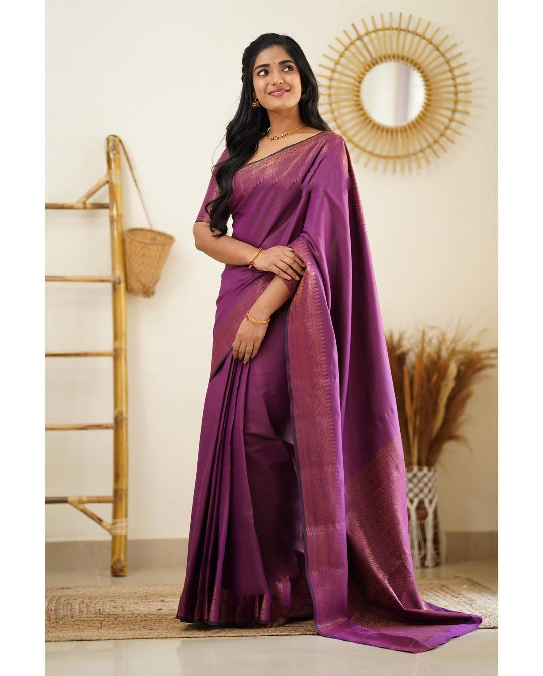 Exhilarating Purple Color Soft Lichi Silk Saree With Blouse Piece