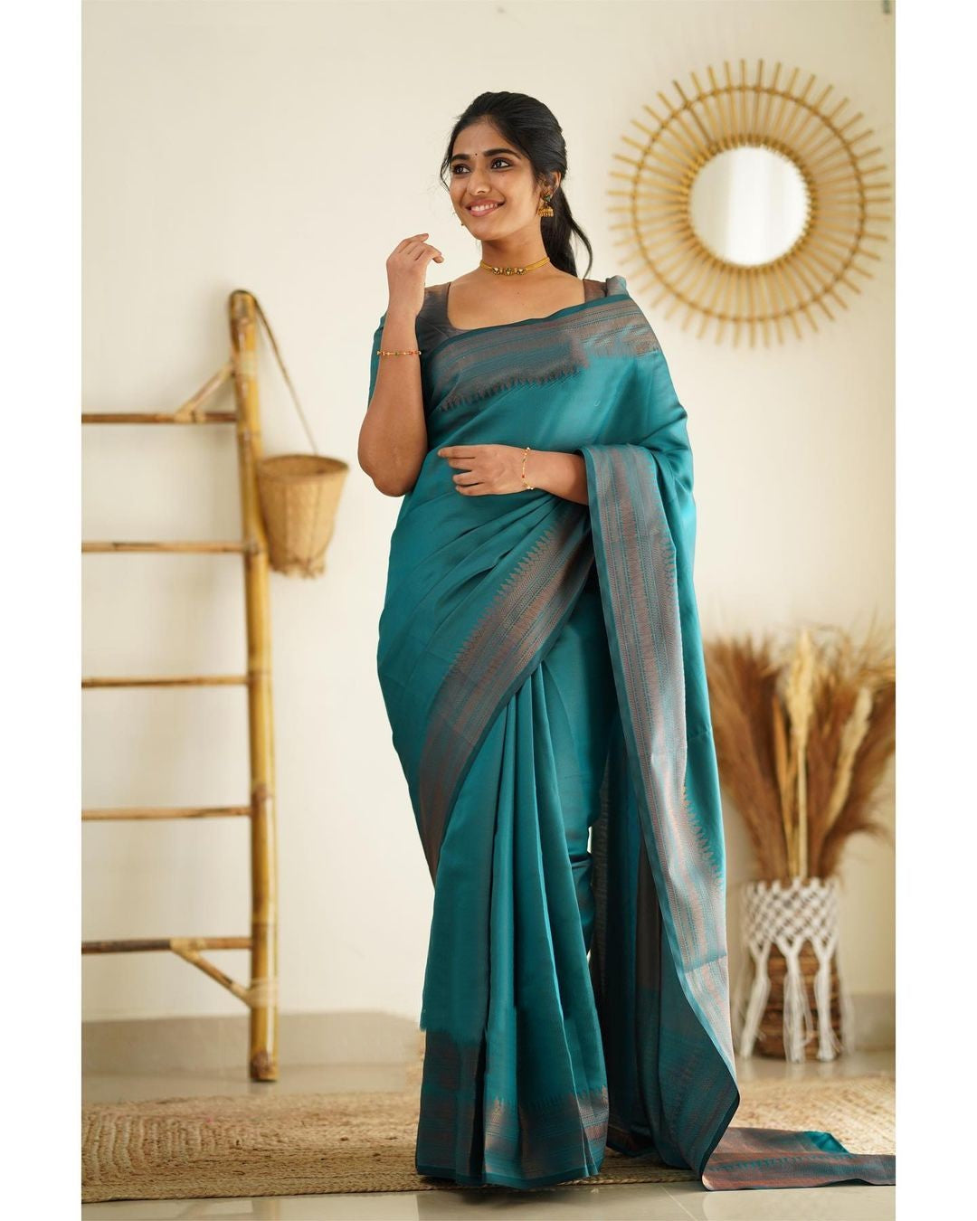 Glowing Rama Green Color Soft Lichi Silk Saree With Blouse Piece