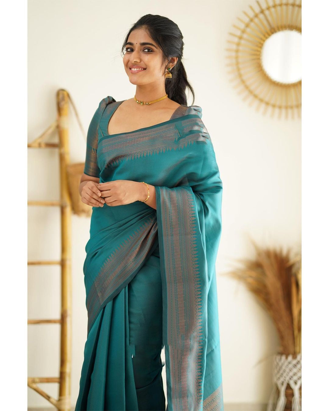 Glowing Rama Green Color Soft Lichi Silk Saree With Blouse Piece