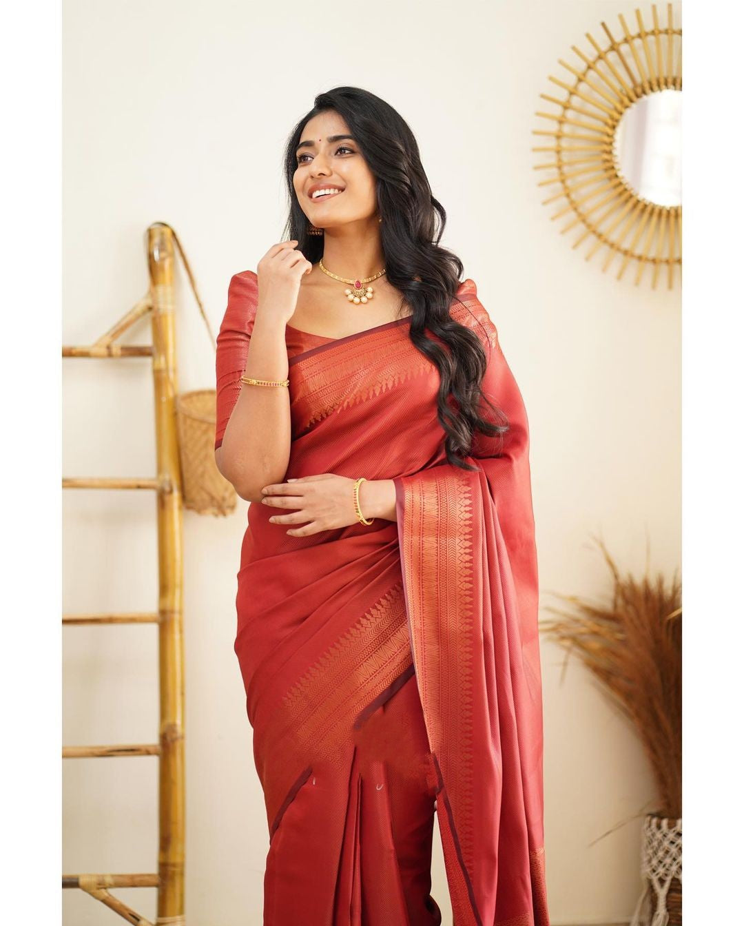 Heavenly Red Color Soft Lichi Silk Saree With Blouse Piece