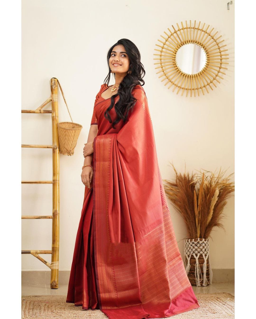 Heavenly Red Color Soft Lichi Silk Saree With Blouse Piece