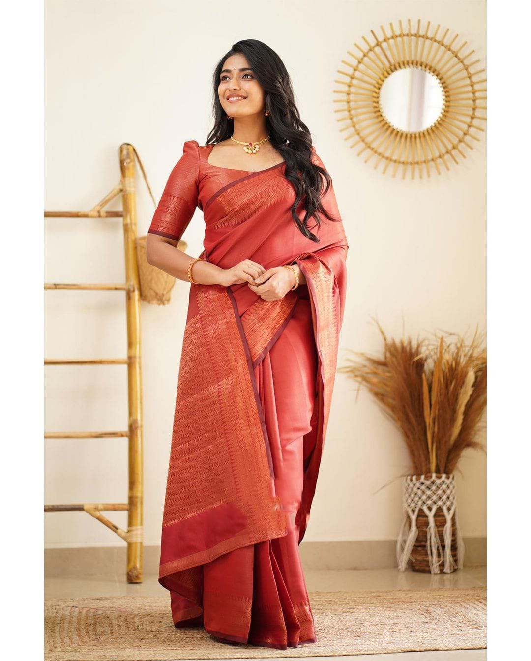 Heavenly Red Color Soft Lichi Silk Saree With Blouse Piece