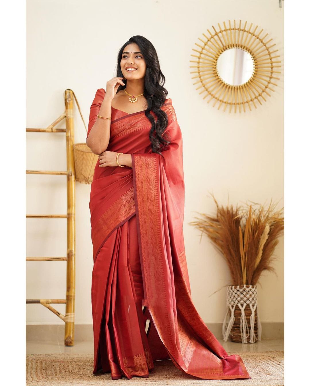 Heavenly Red Color Soft Lichi Silk Saree With Blouse Piece