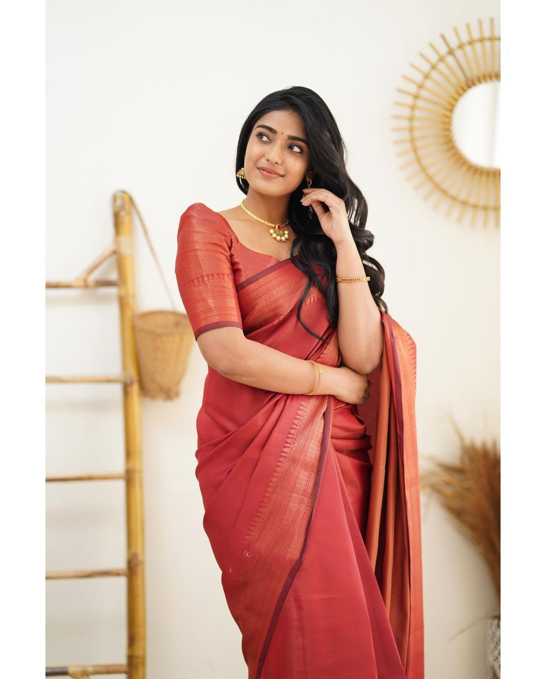 Heavenly Red Color Soft Lichi Silk Saree With Blouse Piece