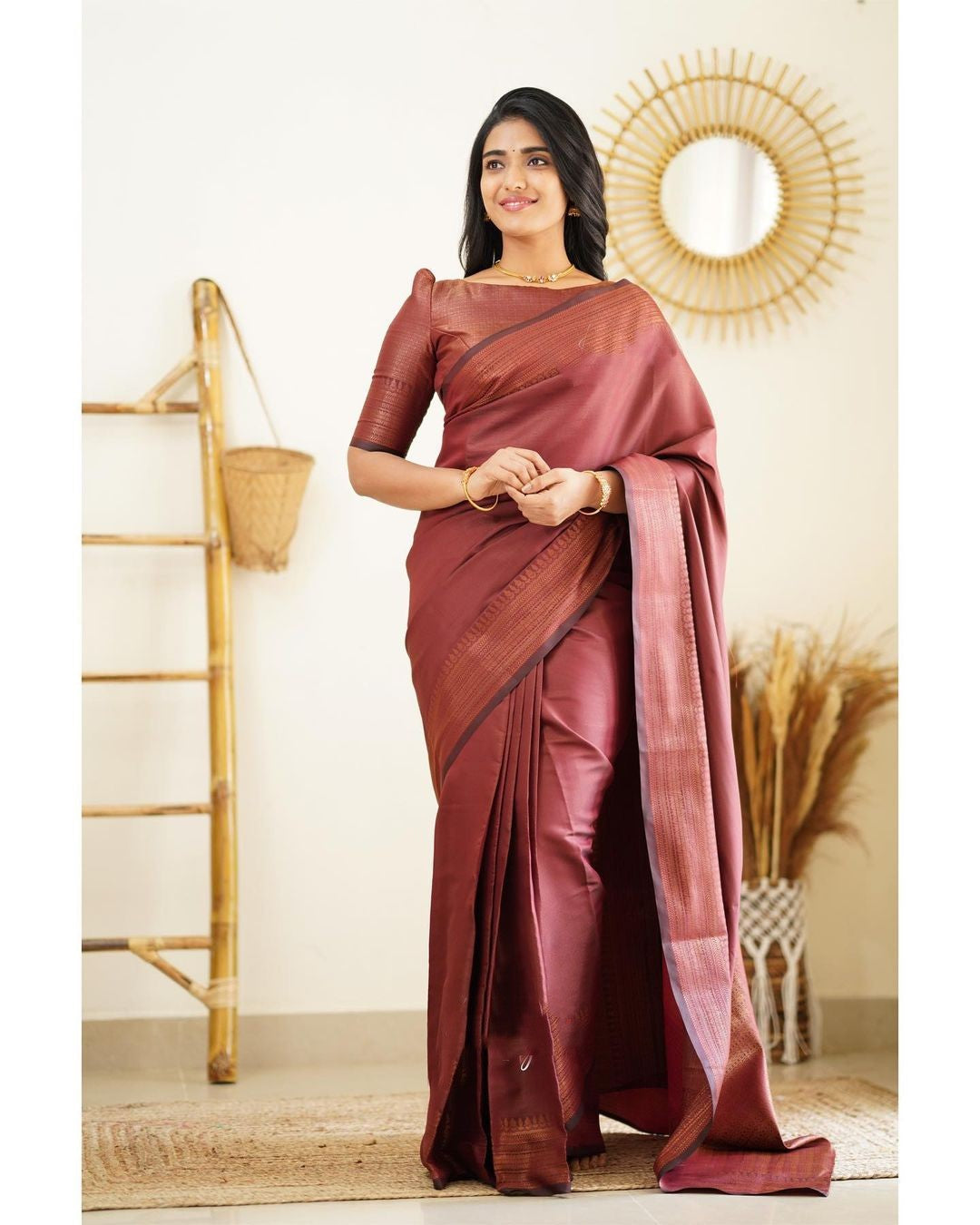 Luminous Wine Color Soft Lichi Silk Saree With Blouse Piece