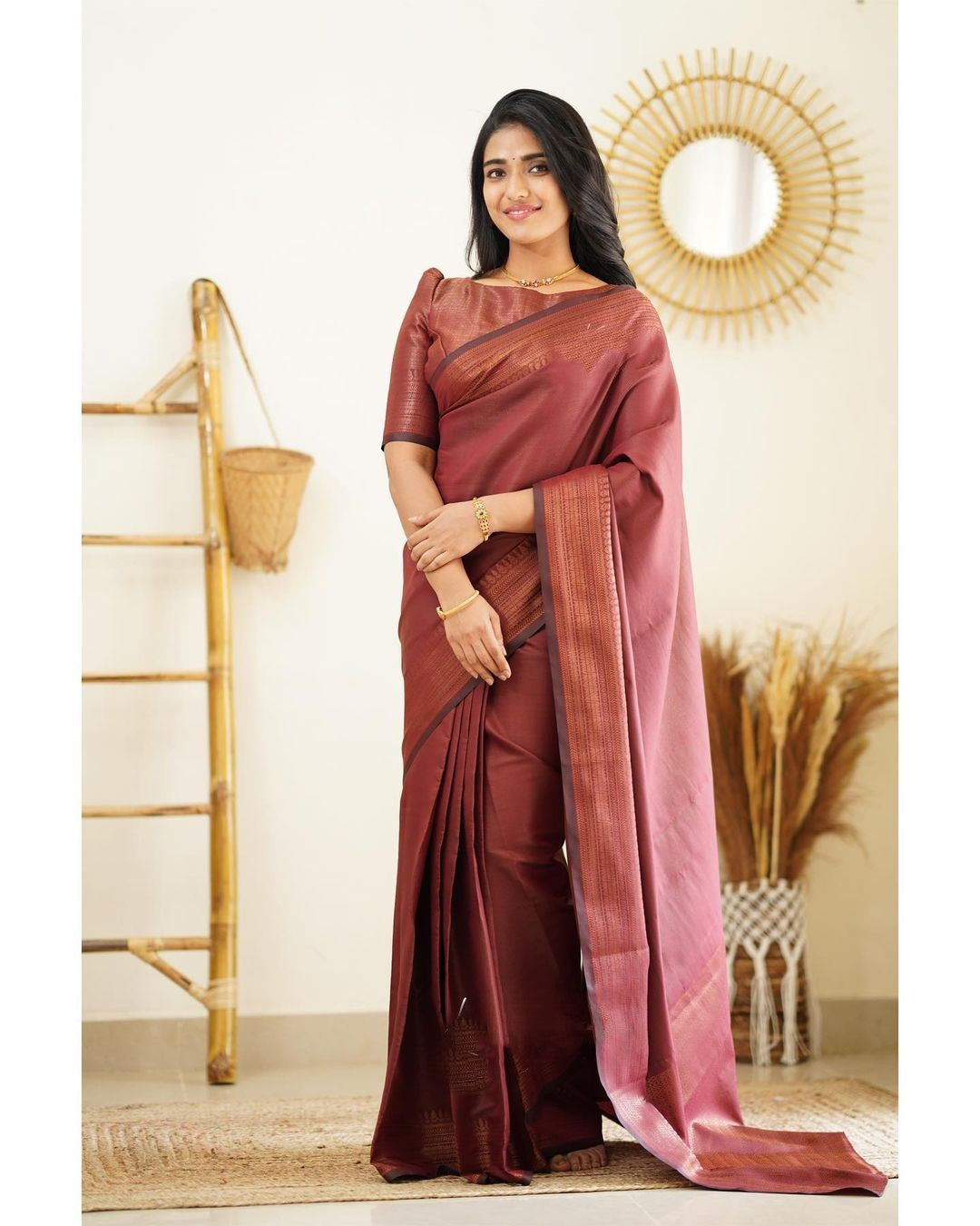 Luminous Wine Color Soft Lichi Silk Saree With Blouse Piece