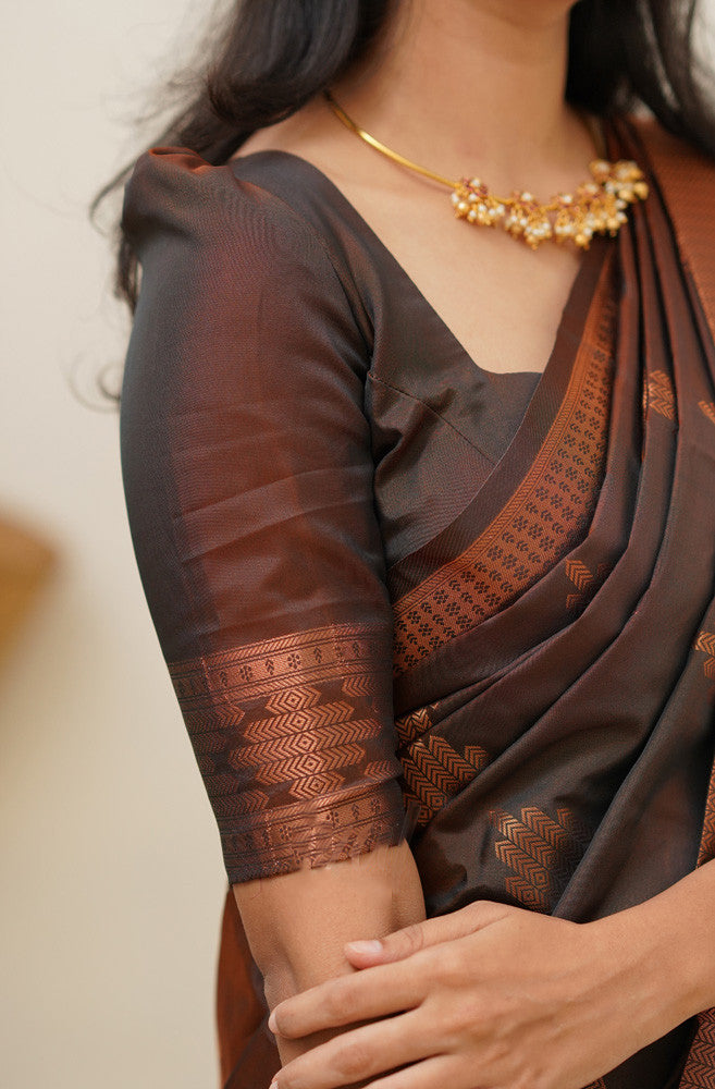 Luminous Brown Color Soft Lichi Silk Saree With Blouse Piece