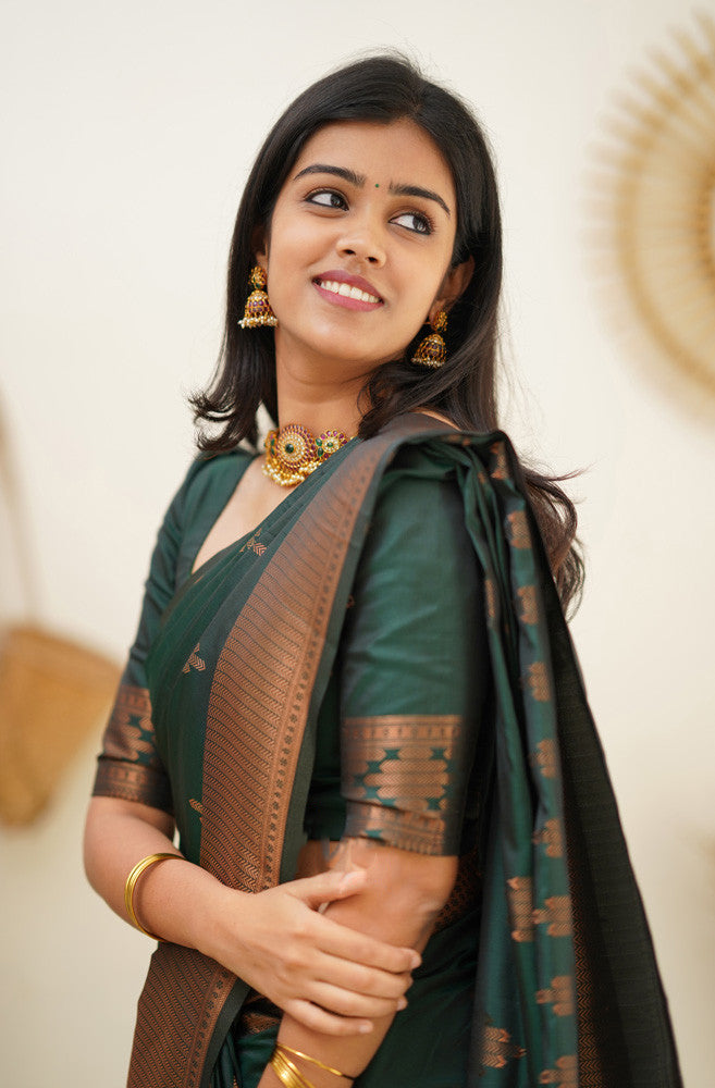 Splendid Dark Green Color Soft Lichi Silk Saree With Blouse Piece