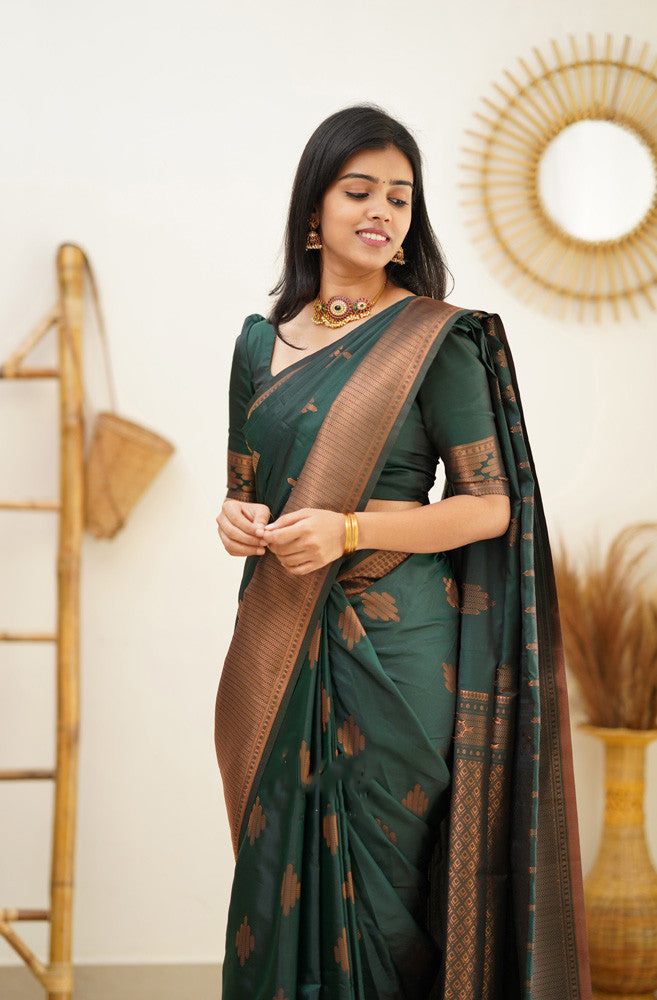 Splendid Dark Green Color Soft Lichi Silk Saree With Blouse Piece