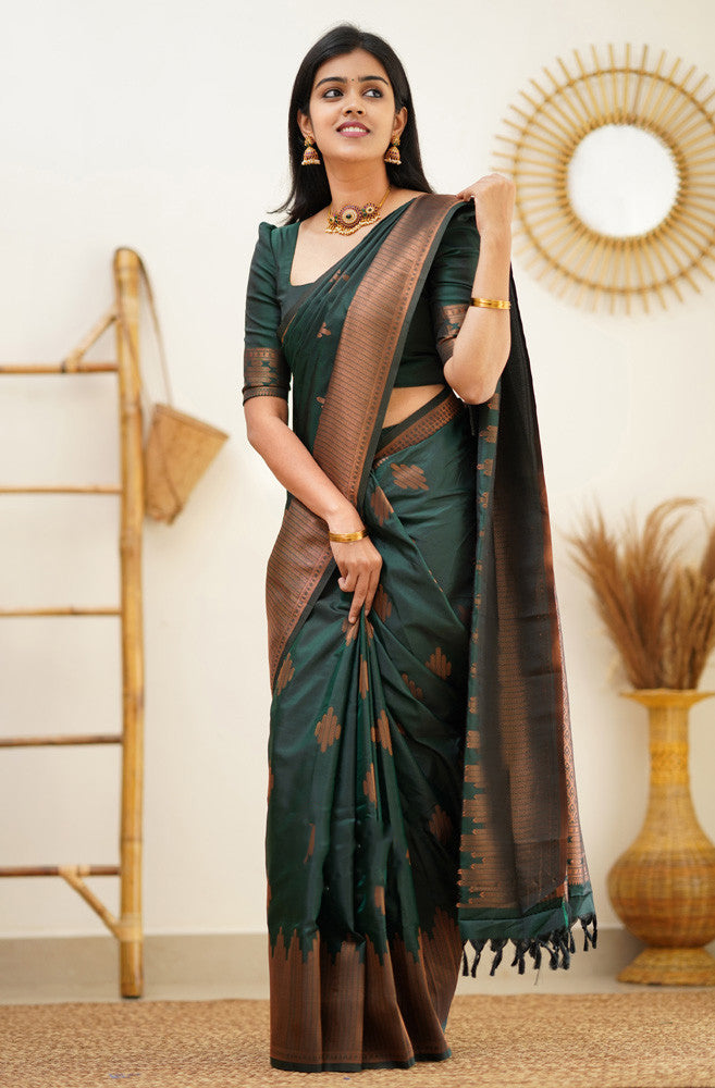 Splendid Dark Green Color Soft Lichi Silk Saree With Blouse Piece