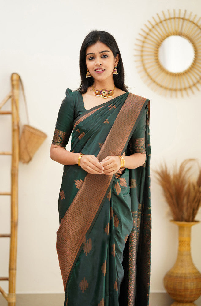 Splendid Dark Green Color Soft Lichi Silk Saree With Blouse Piece