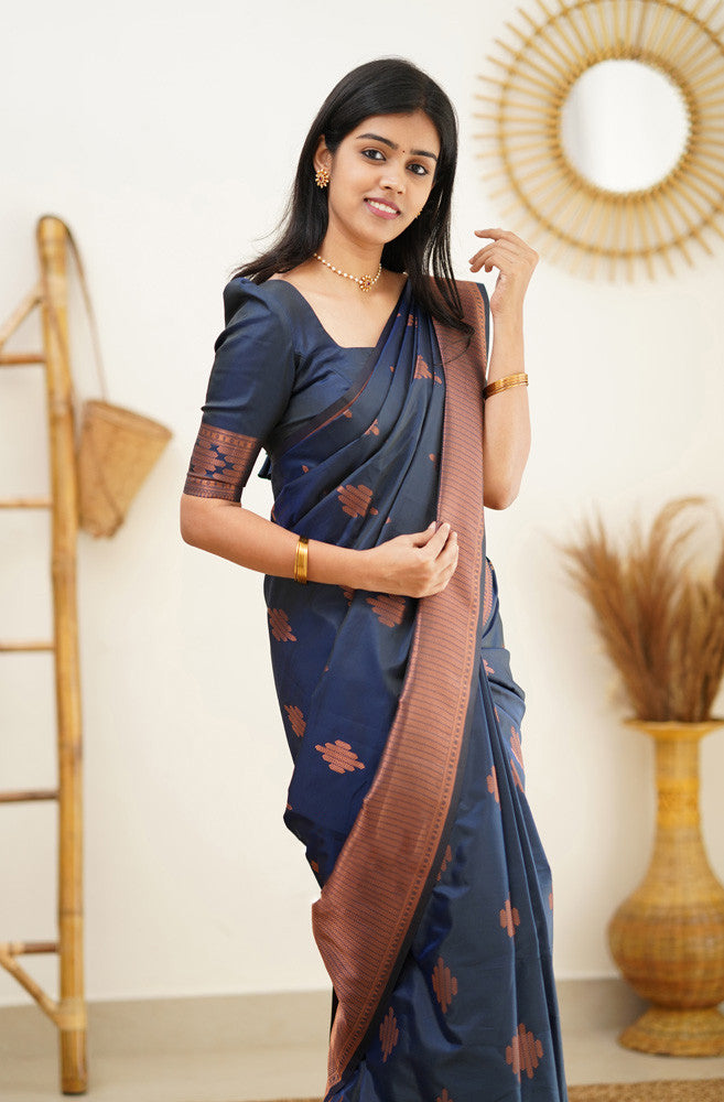 Resplendent Navy Blue Color Soft Lichi Silk Saree With Blouse Piece