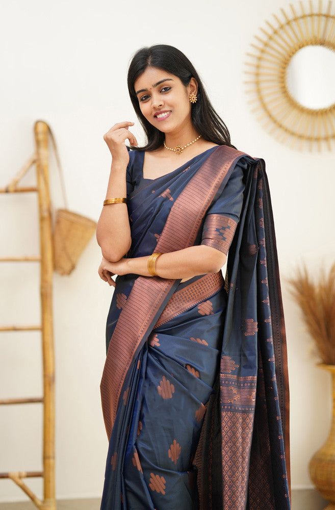 Resplendent Navy Blue Color Soft Lichi Silk Saree With Blouse Piece