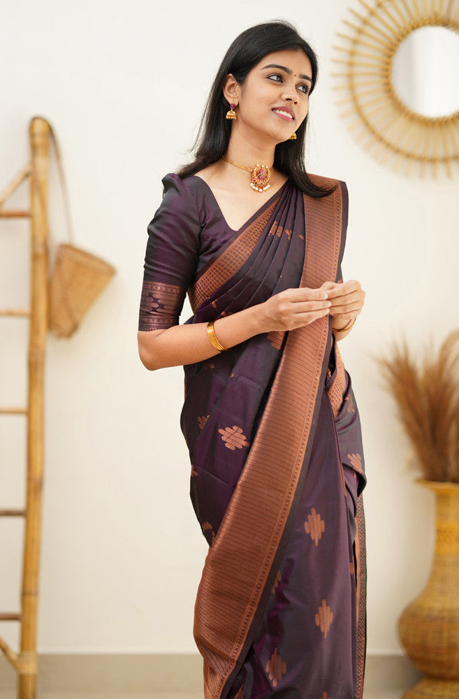 Energetic Purple Color Soft Lichi Silk Saree With Blouse Piece