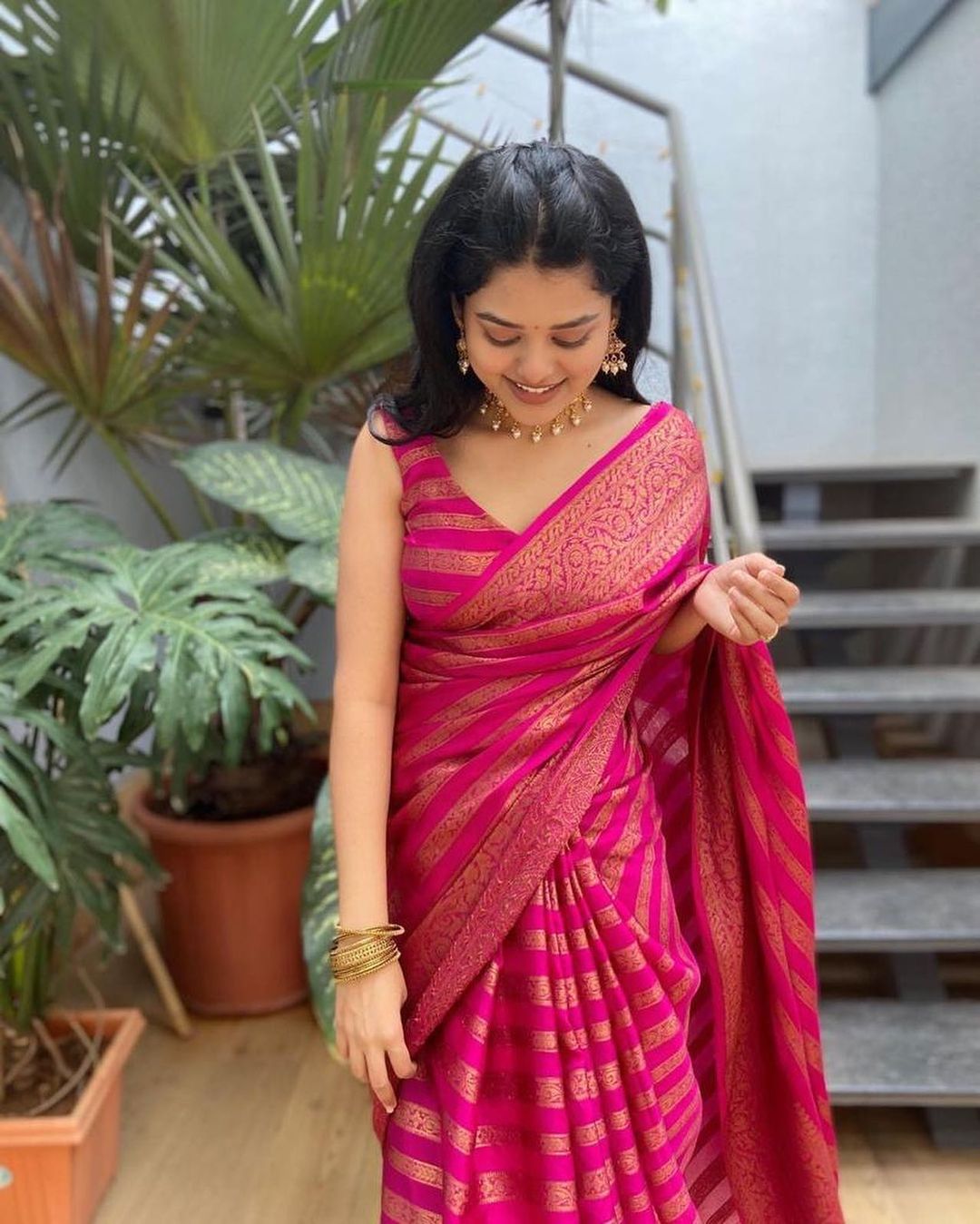 Radiating Pink Color Soft Lichi Silk Saree With Blouse Piece