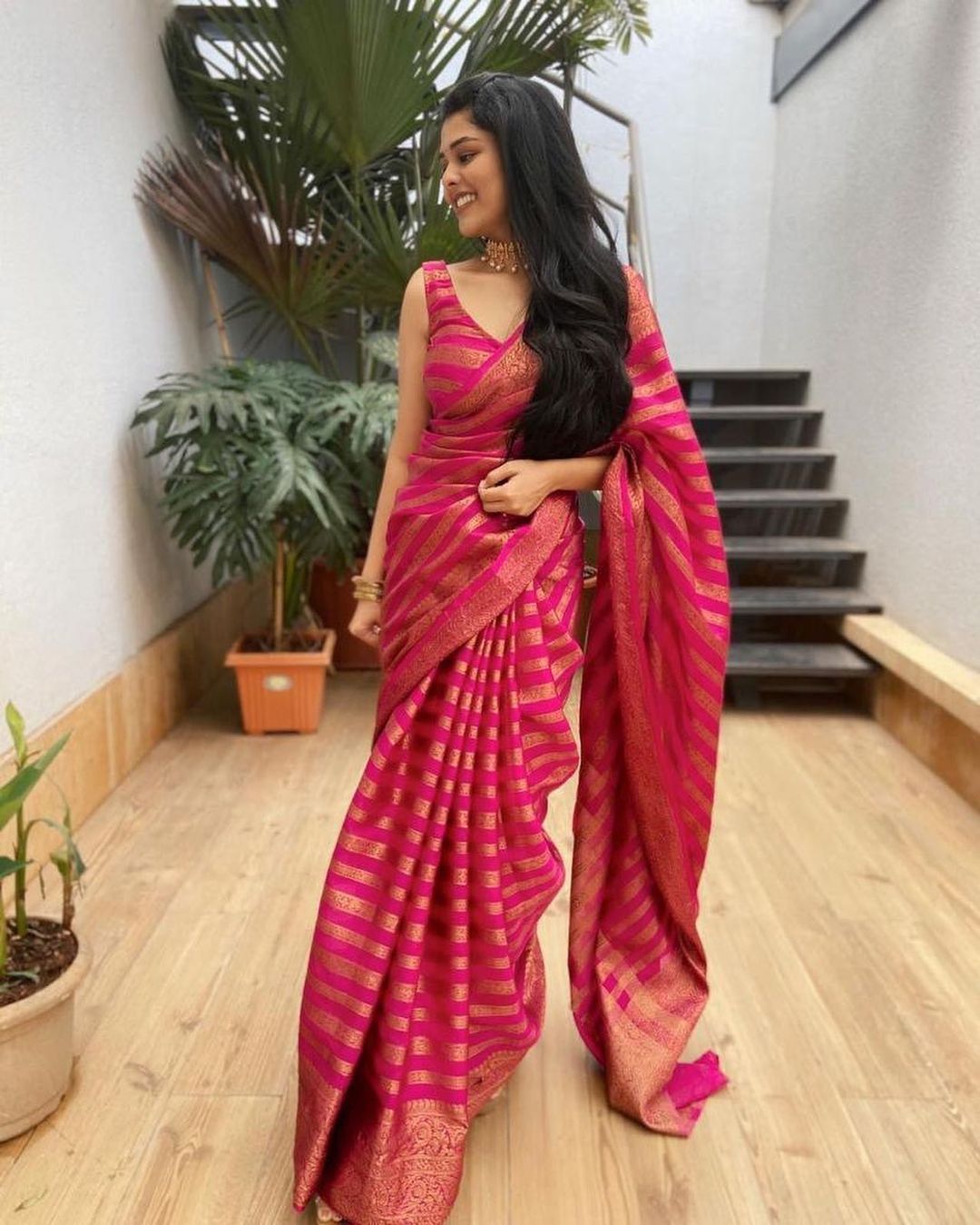 Radiating Pink Color Soft Lichi Silk Saree With Blouse Piece