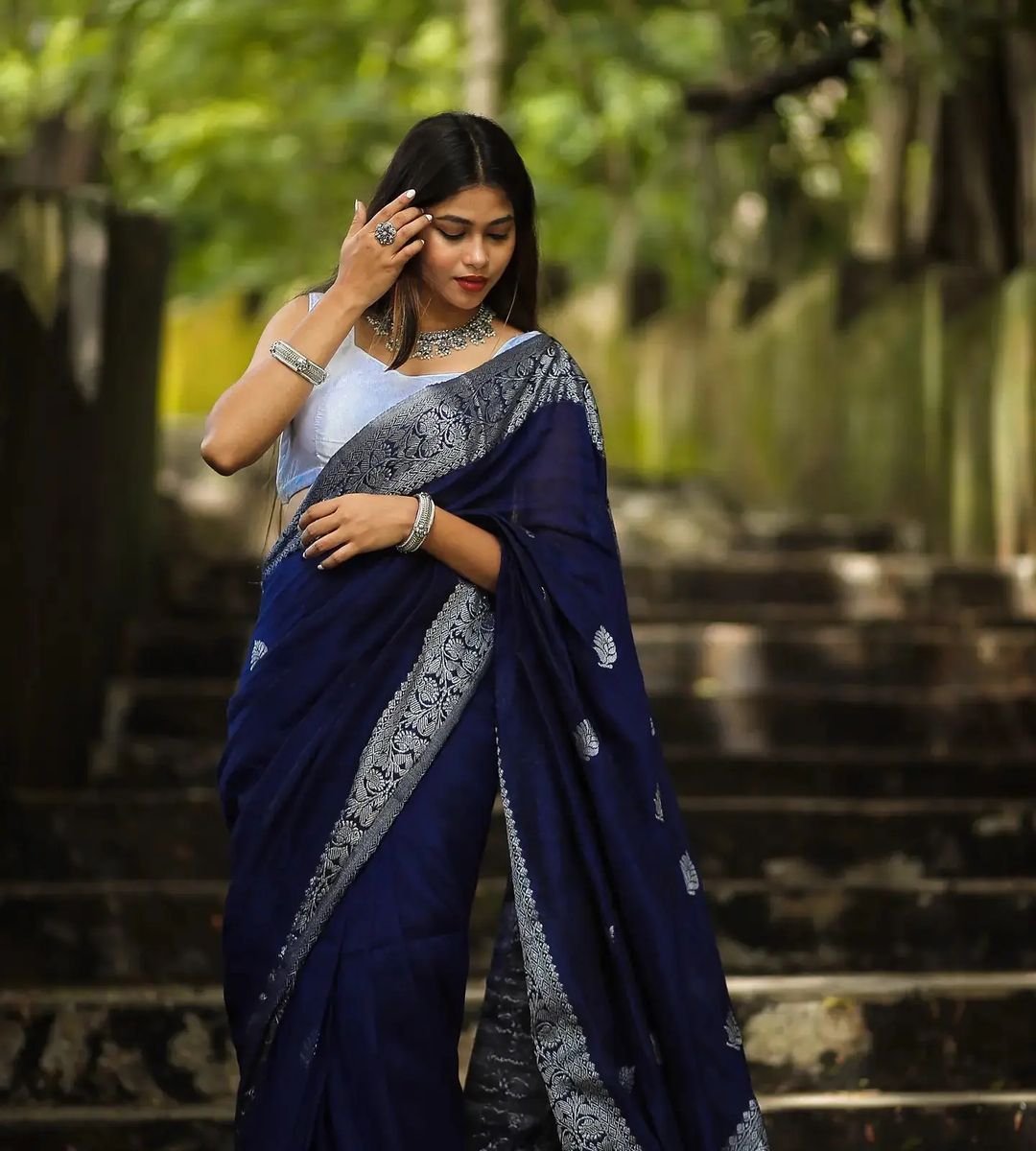 Enigmatic Navy Blue Color Soft Lichi Silk Saree With Blouse Piece