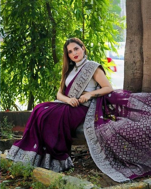 Charming Purple Color Banarasi Soft Silk Saree With Blouse Piece