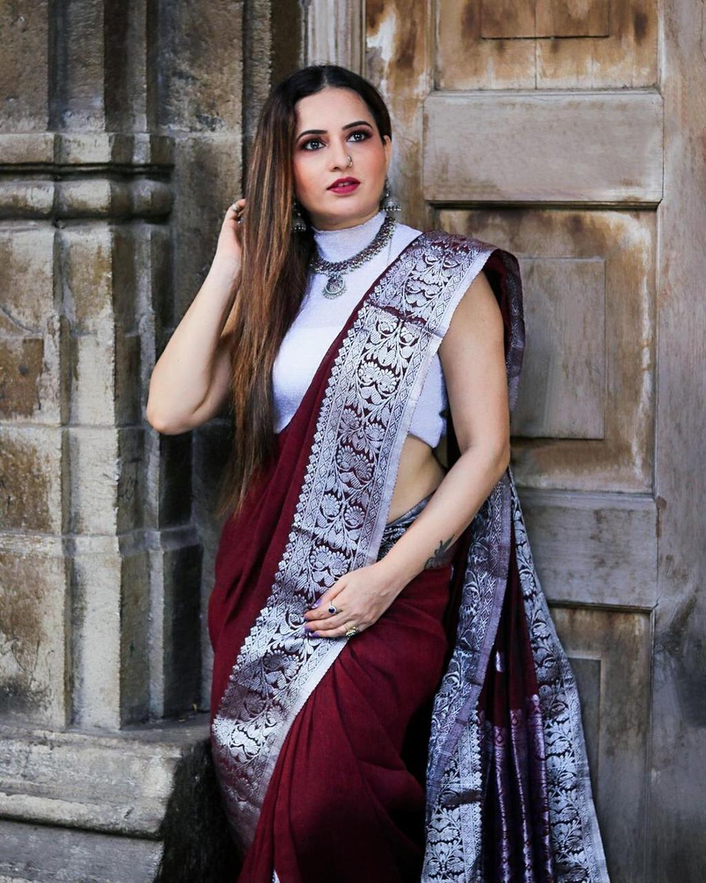 Regal Wine Color Banarasi Soft Silk Saree With Blouse Piece