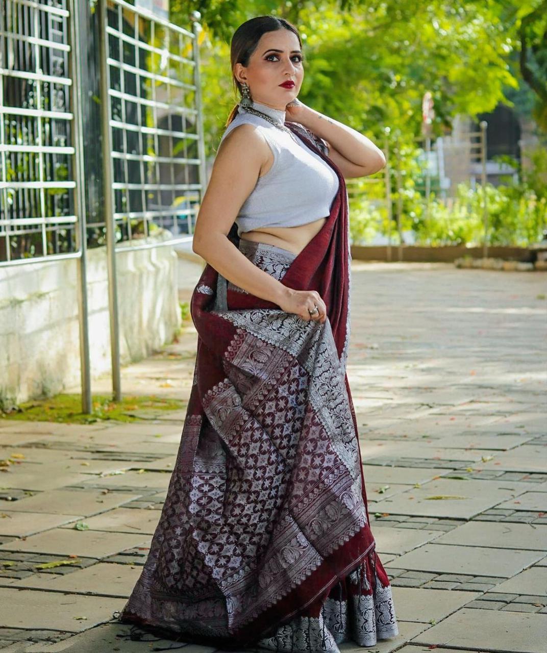 Regal Wine Color Banarasi Soft Silk Saree With Blouse Piece