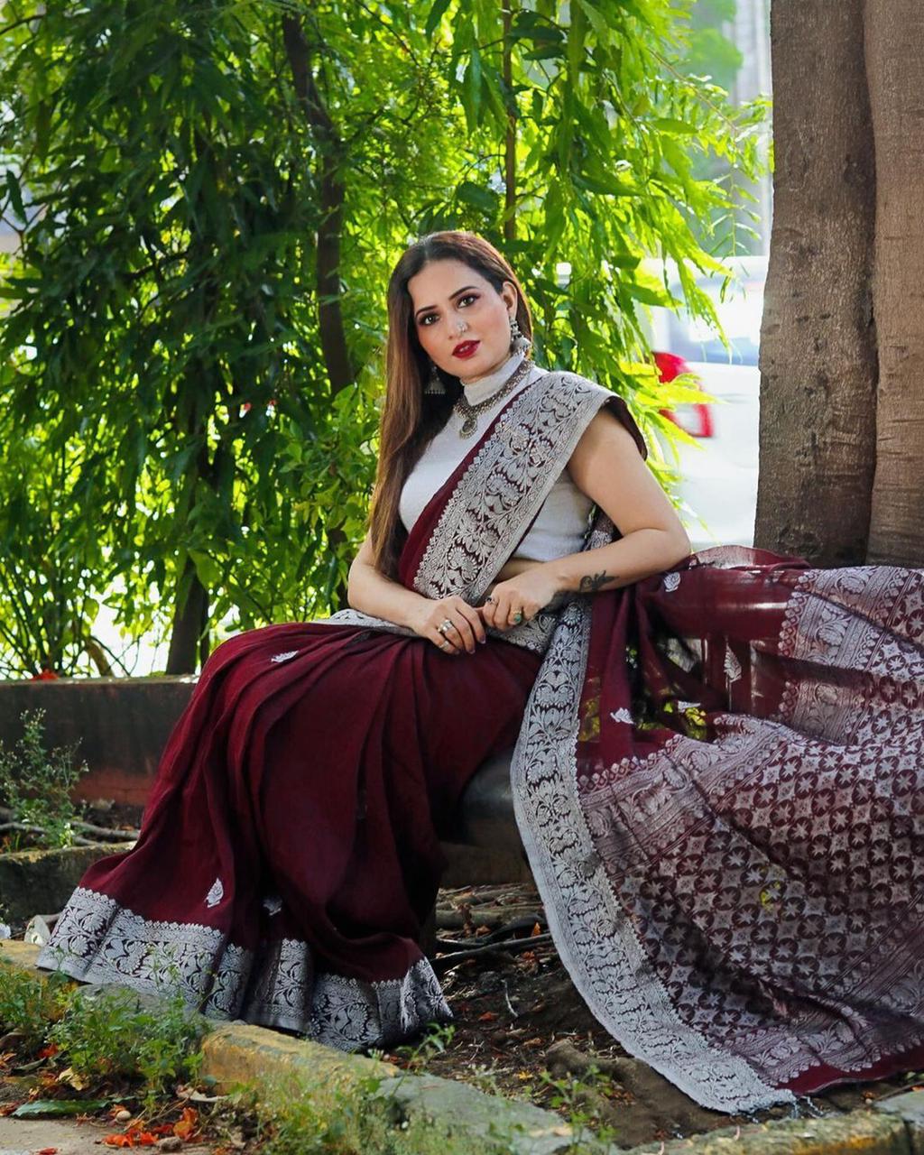 Regal Wine Color Banarasi Soft Silk Saree With Blouse Piece