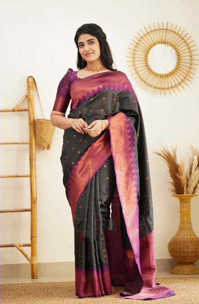 Shiny Black Color Soft Lichi Silk Saree With Blouse Piece