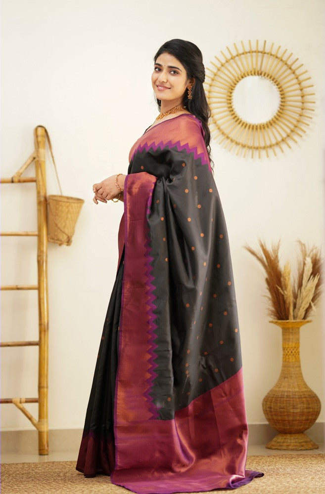 Shiny Black Color Soft Lichi Silk Saree With Blouse Piece