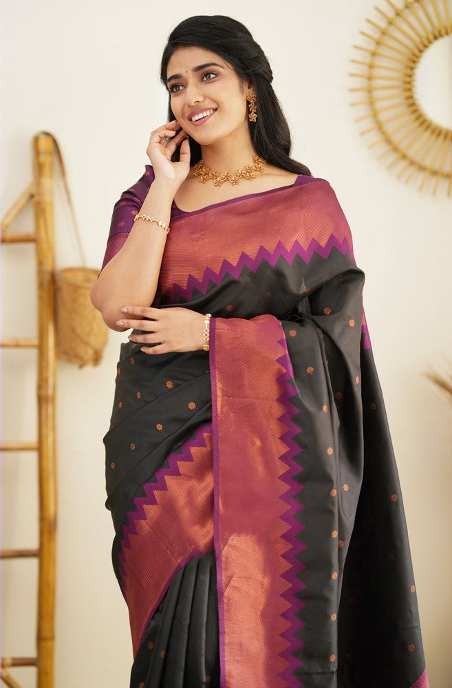 Shiny Black Color Soft Lichi Silk Saree With Blouse Piece