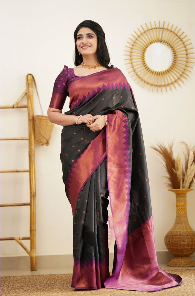 Shiny Black Color Soft Lichi Silk Saree With Blouse Piece