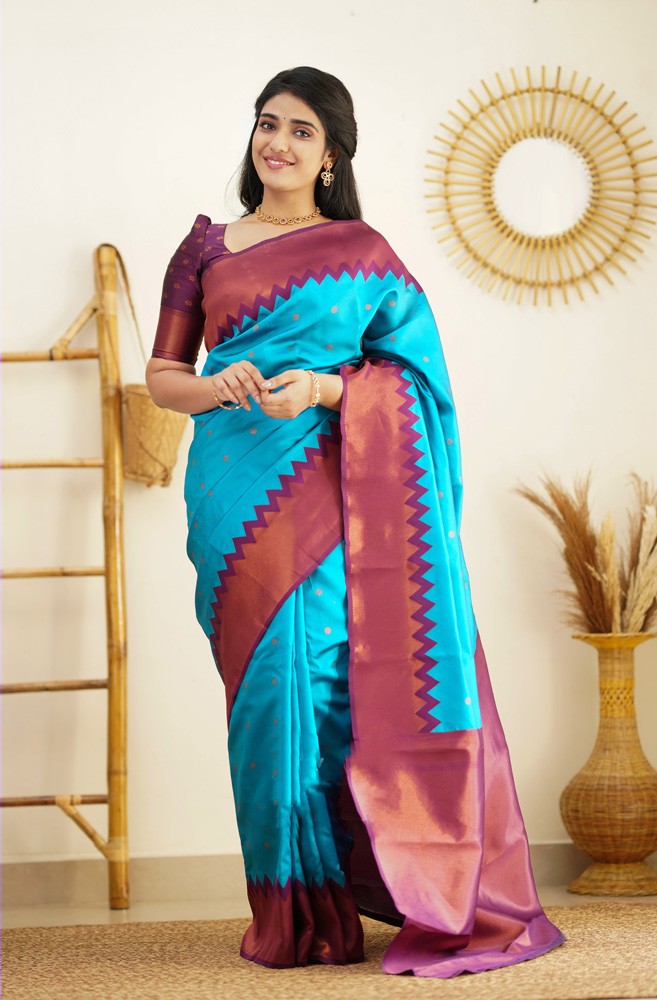 Serene Firozi Color Soft Lichi Silk Saree With Blouse Piece