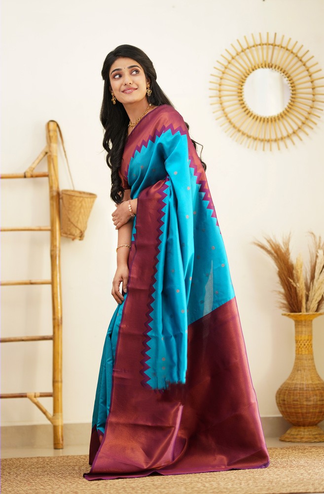 Serene Firozi Color Soft Lichi Silk Saree With Blouse Piece